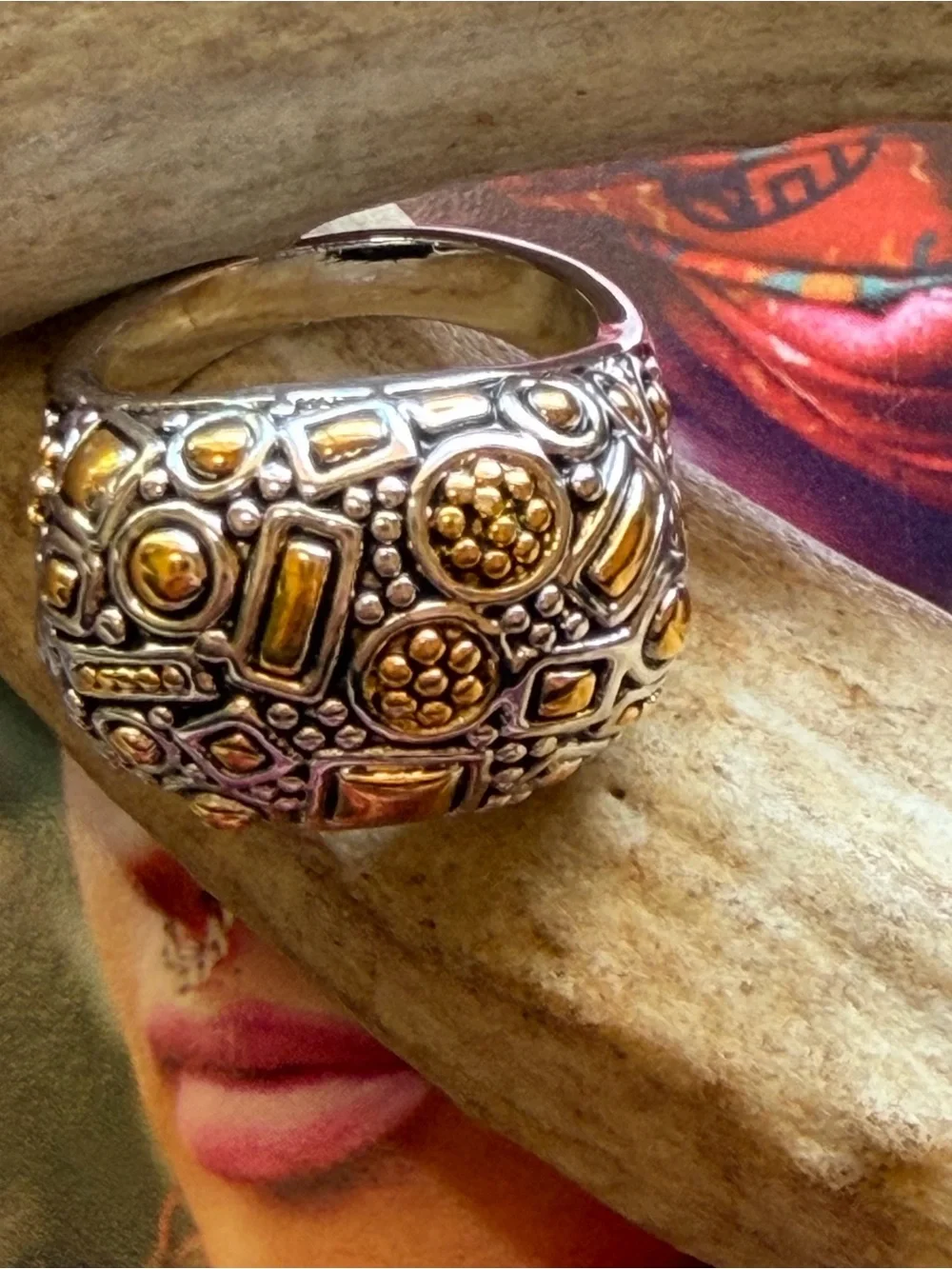 Boho Two-Tone Wide Band Cocktail Ring Geometric Mosaic Design